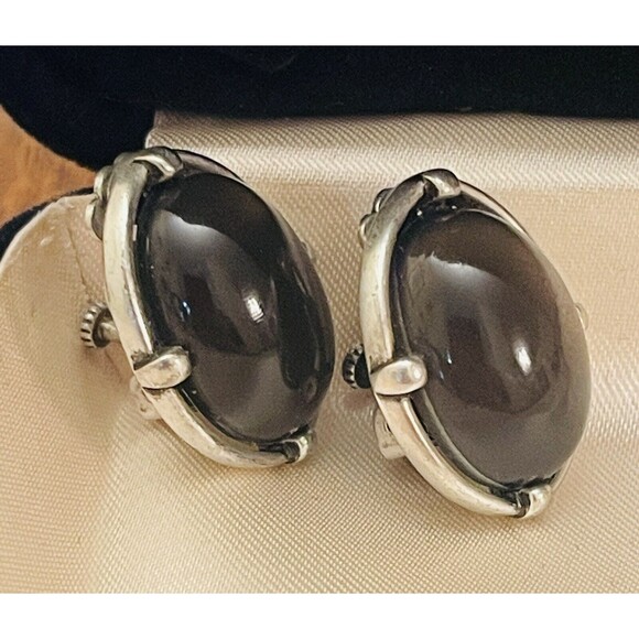 Liz Claiborn Clip Earrings Silver Tone Metal Gray Stone Adjustable Clip VTG 90th - Picture 1 of 10